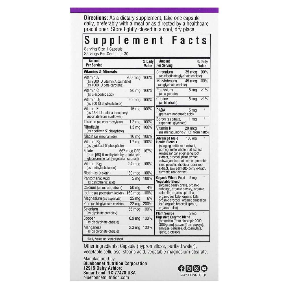 Bluebonnet Nutrition, Men's One, 30 растительных капсул