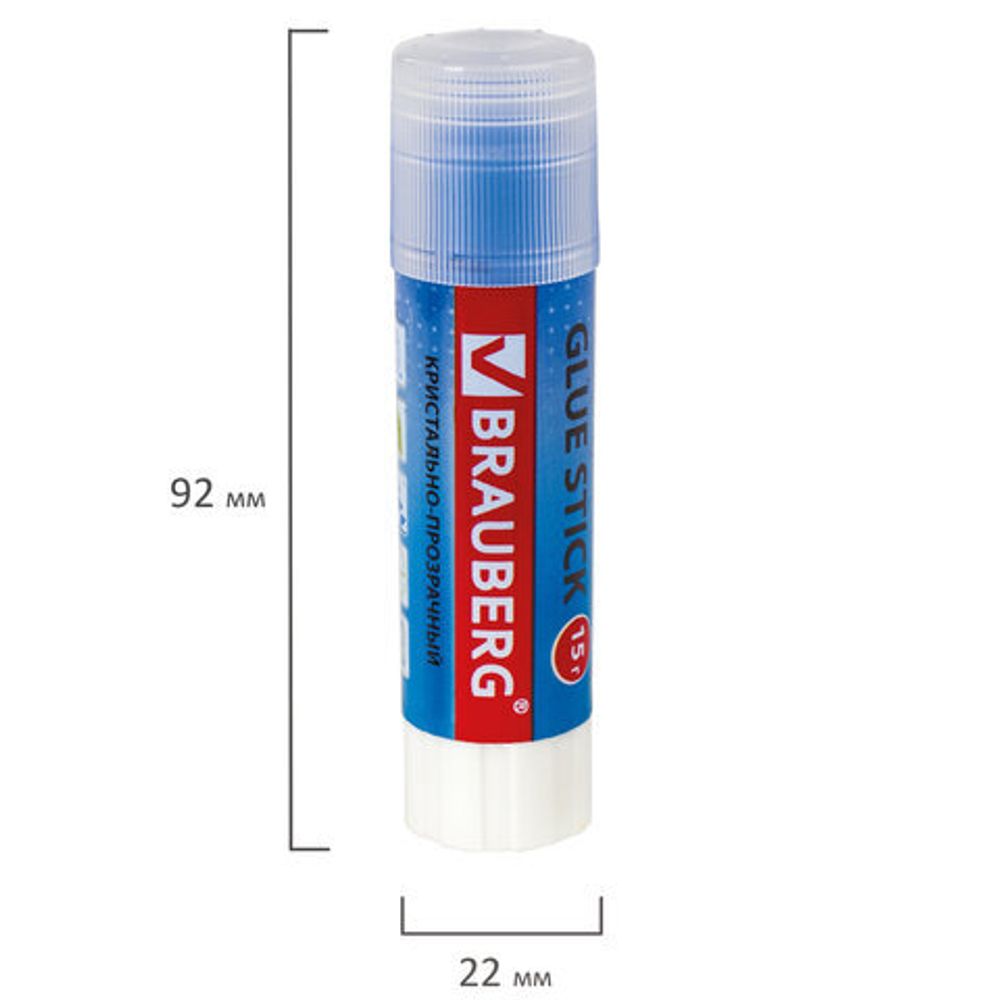 Клей-карандаш BRAUBERG "COLOR Crystal", 15 г, прозрачный, ассорти, 227969, PVP