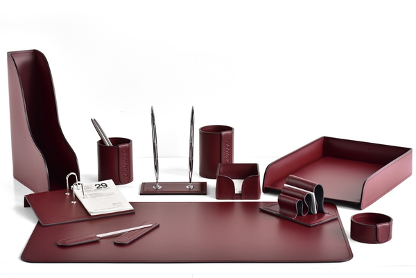 Канцелярский настольный набор 11 предметов из кожи, цвет бордо