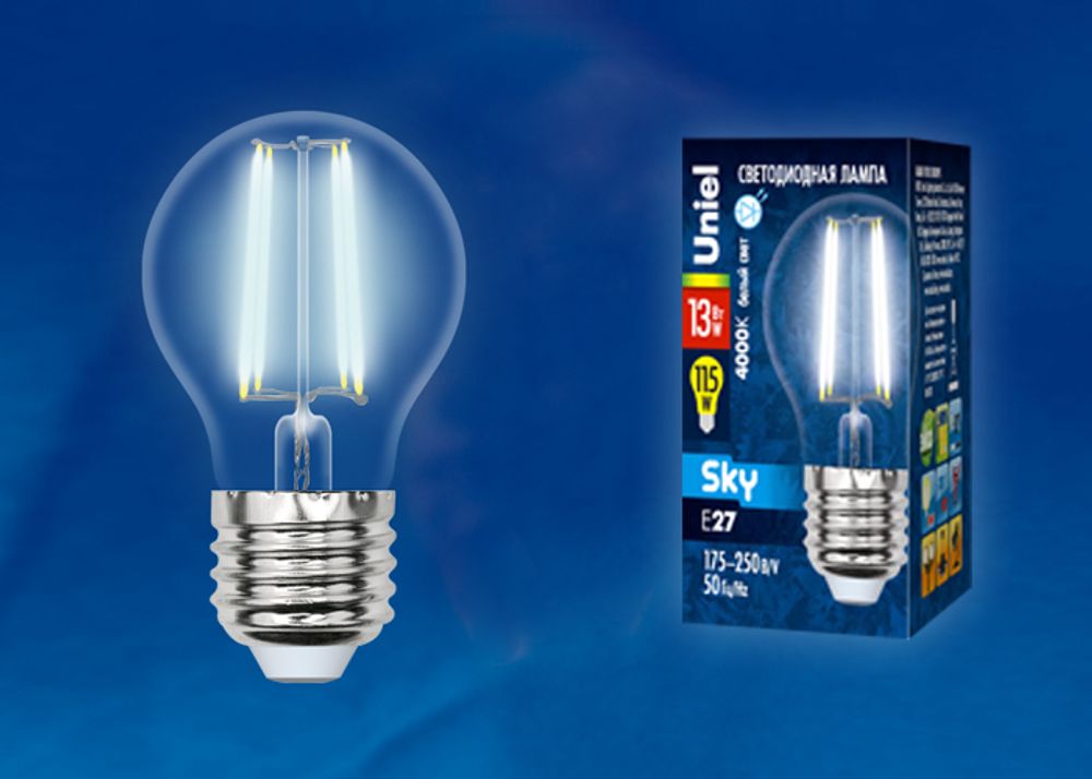LED-G45-13W/4000K/E27/CL PLS02WH Лампа светодиодная. Форма шар, прозрачная. Серия Sky. Белый свет (4000К). Картон. ТМ Uniel.