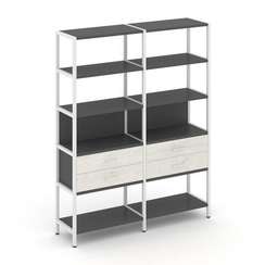 Shelf System Двухсекционный стеллаж пятиярусный с ящиками SN.STM-522 Антрацит/Дуб Наварра/Металл Бел