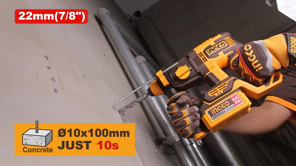 Аккумуляторный бесщеточный перфоратор SDS-Plus INGCO CRHLI212282 INDUSTRIAL 20 В 2 Дж 2x4 Ач