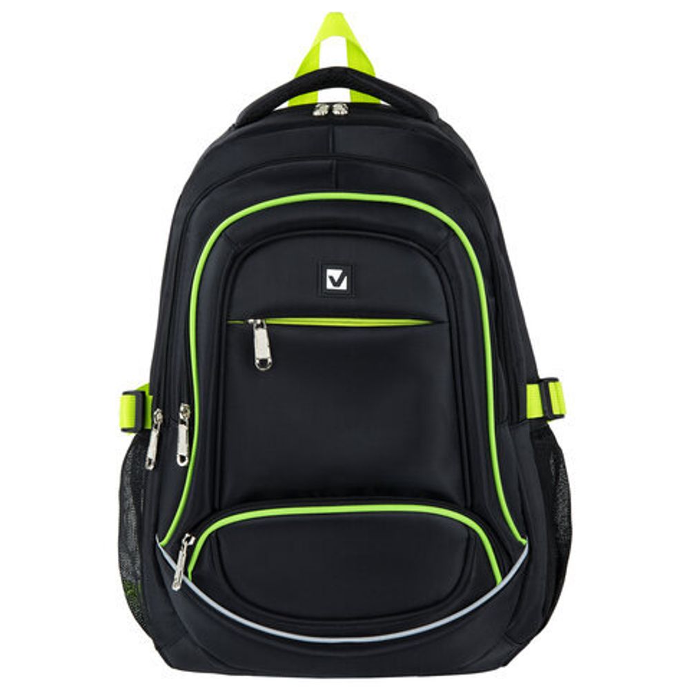 Рюкзак BRAUBERG универсальный, 3 отделения, черный, салатовые детали, 46х31х18 см, 270761