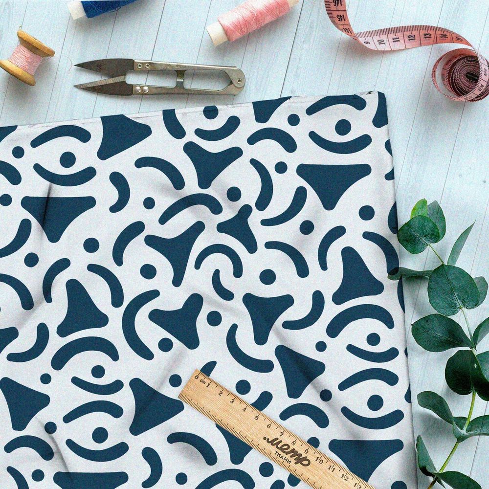 Ткань футер 2-х нитка синие треугольные узоры на голубом фоне