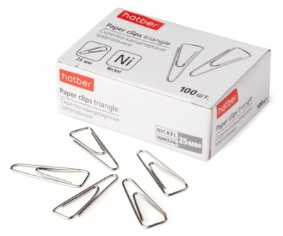 Скрепки треугольные Hatber, 25 мм, с отогнутыми носиком, никелированное покрыт., 100 шт