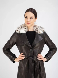 Кожаный тренч длинный с поясом плащ