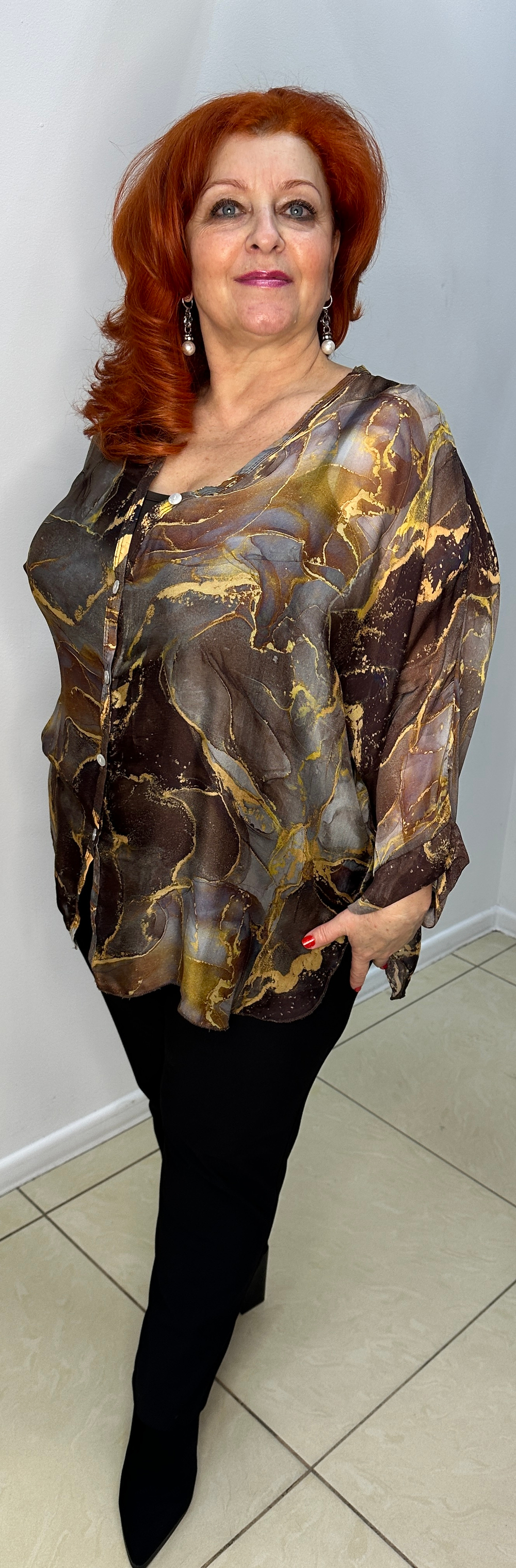 Двойка: итальянский шифоновый блузон с коричневой трикотажной маечкой