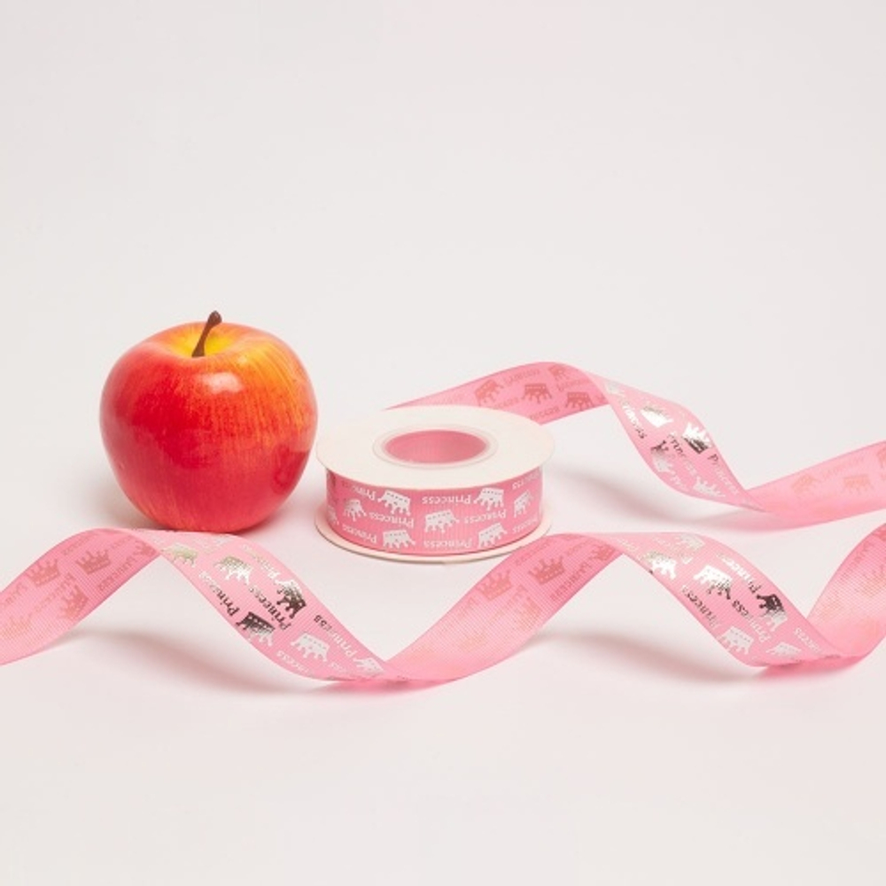 Лента репсовая 25мм х 20м, "Princess" розовый/серебро