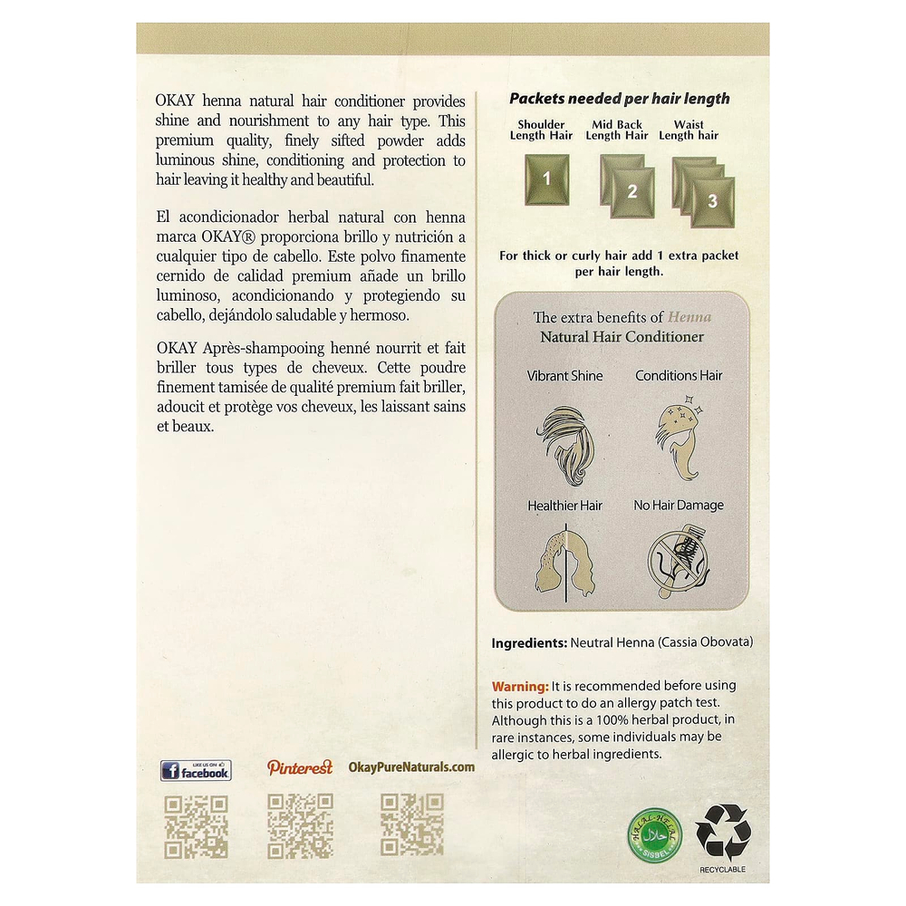 Okay Pure Naturals, Хна, натуральный кондиционер для волос, нейтральный, 56,7 г (2 унции)