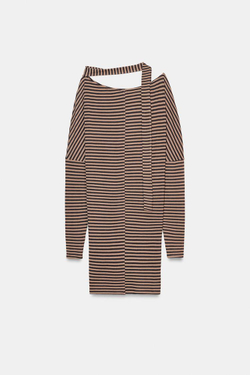 ZARA ТОП В ПОЛОСКУ С ПОЯСОМ, КОРИЧНЕВЫЙ/ЭКРЮ