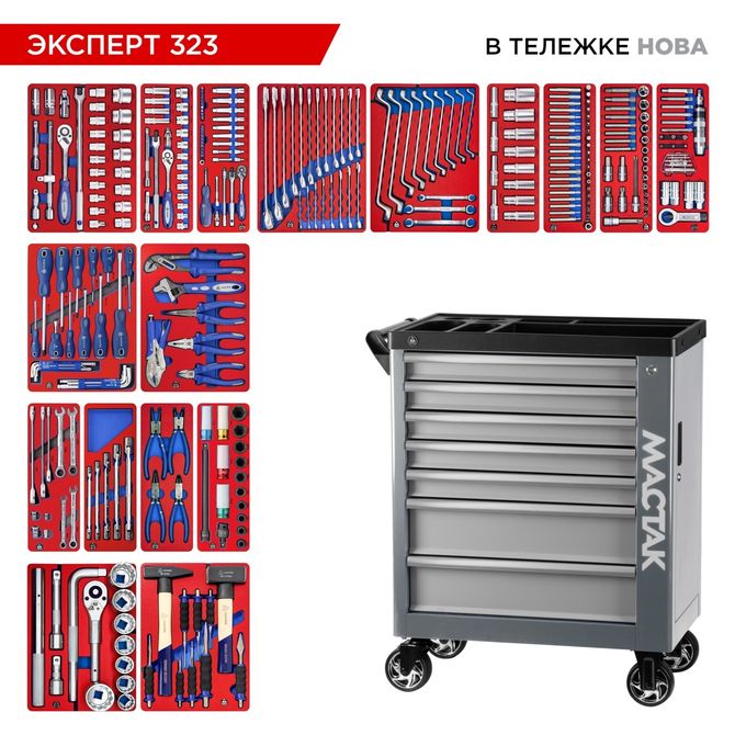 МАСТАК (50-07323G) Набор инструментов 323 предмета, "ЭКСПЕРТ 323", в серой тележке