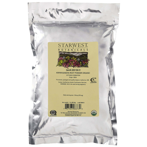 Starwest Botanicals, ПОрошок из корня органической ашвагандхи, 453,6 г (1 фунт)