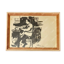 Динес Ю. С. Портрет мужчины за столом. Набросок. Бумага, тушь. 1943