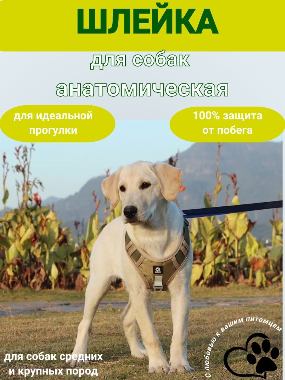 Шлейка для собак средних и крупных пород универсальная прогулочная тренировочная для дрессировки со светоотражателем жилет-трансформер хаки размер M