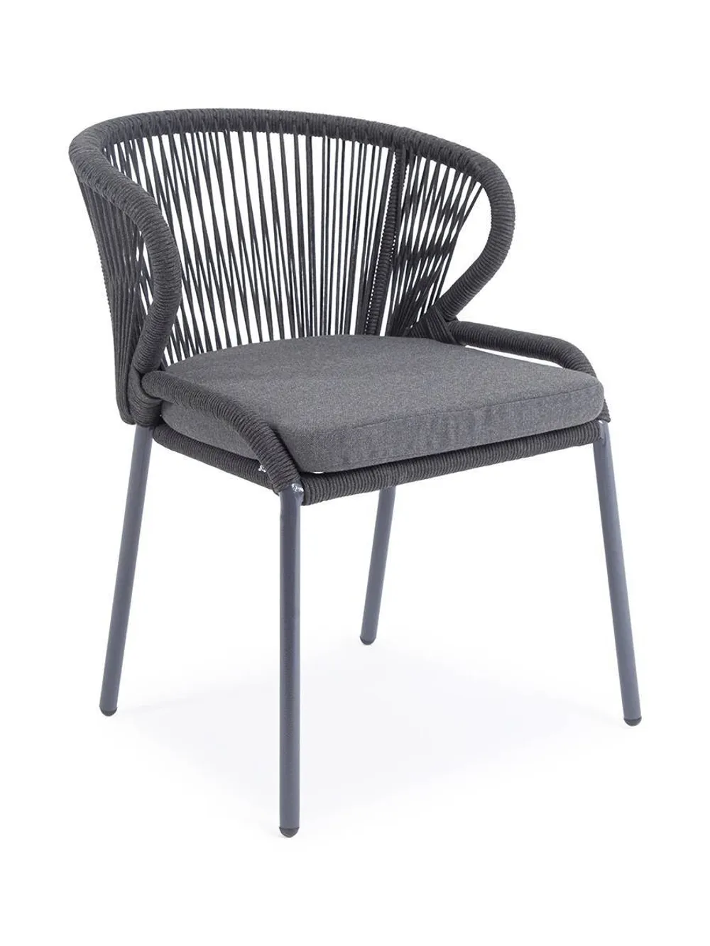 "Милан" стул плетеный из роупа, каркас алюминий темно-серый (RAL7024) муар, роуп темно-серый круглый, ткань темно-серая 027