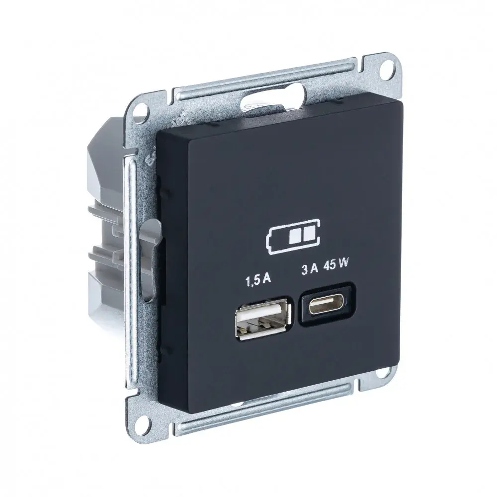 ATLASDESIGN USB РОЗЕТКА A + тип-C 45Вт высокоскор.заряд. QC, PD, механизм, КАРБОН