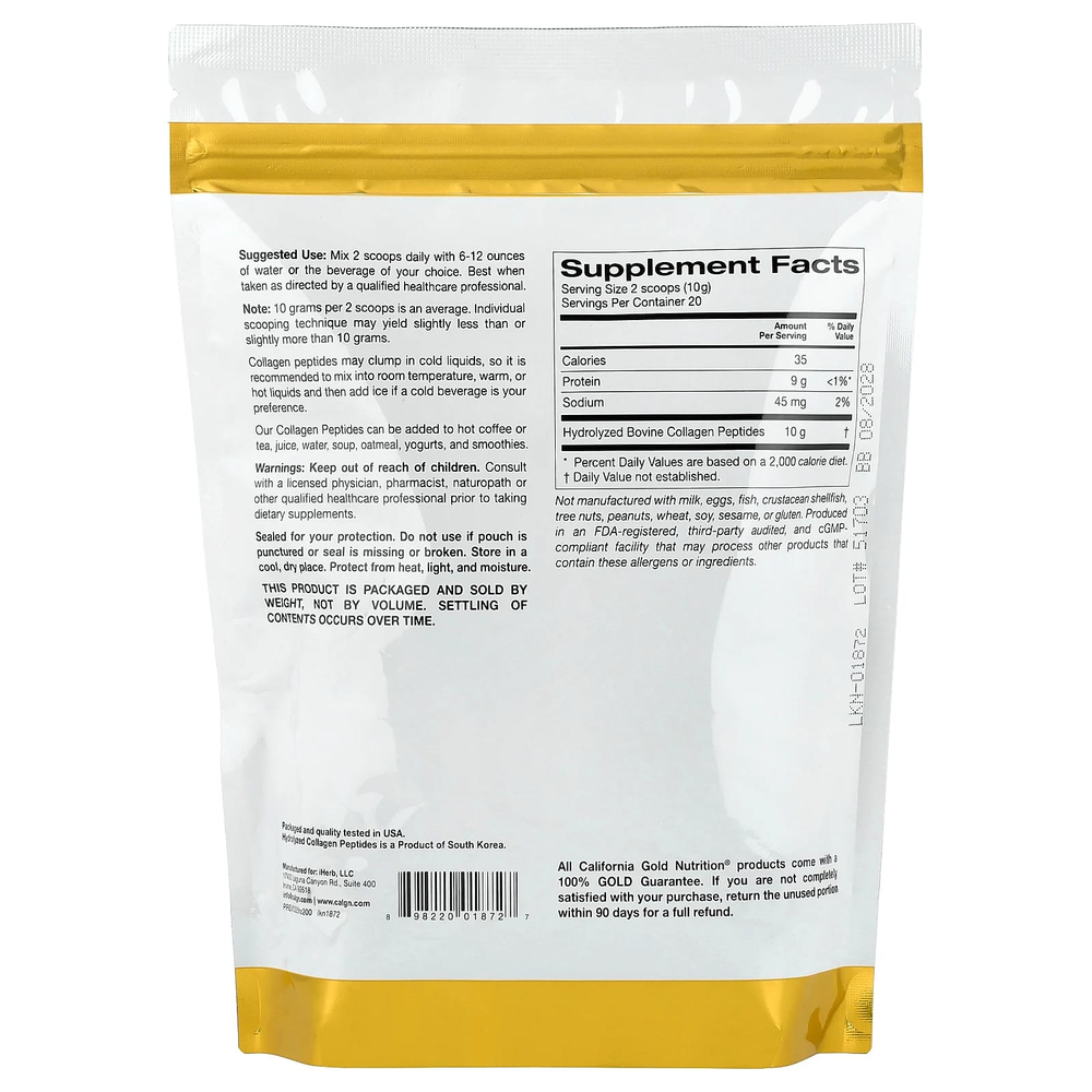 California Gold Nutrition, пептиды гидролизованного коллагена типов I и III, без добавок, 200 г (7,05 унции)