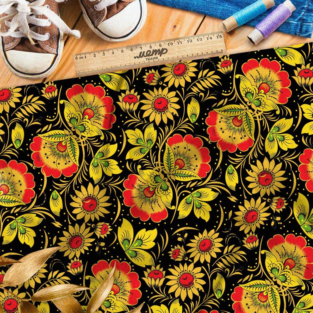 Ткань шифон крупная плотная хохлома из цветов на чёрном фоне