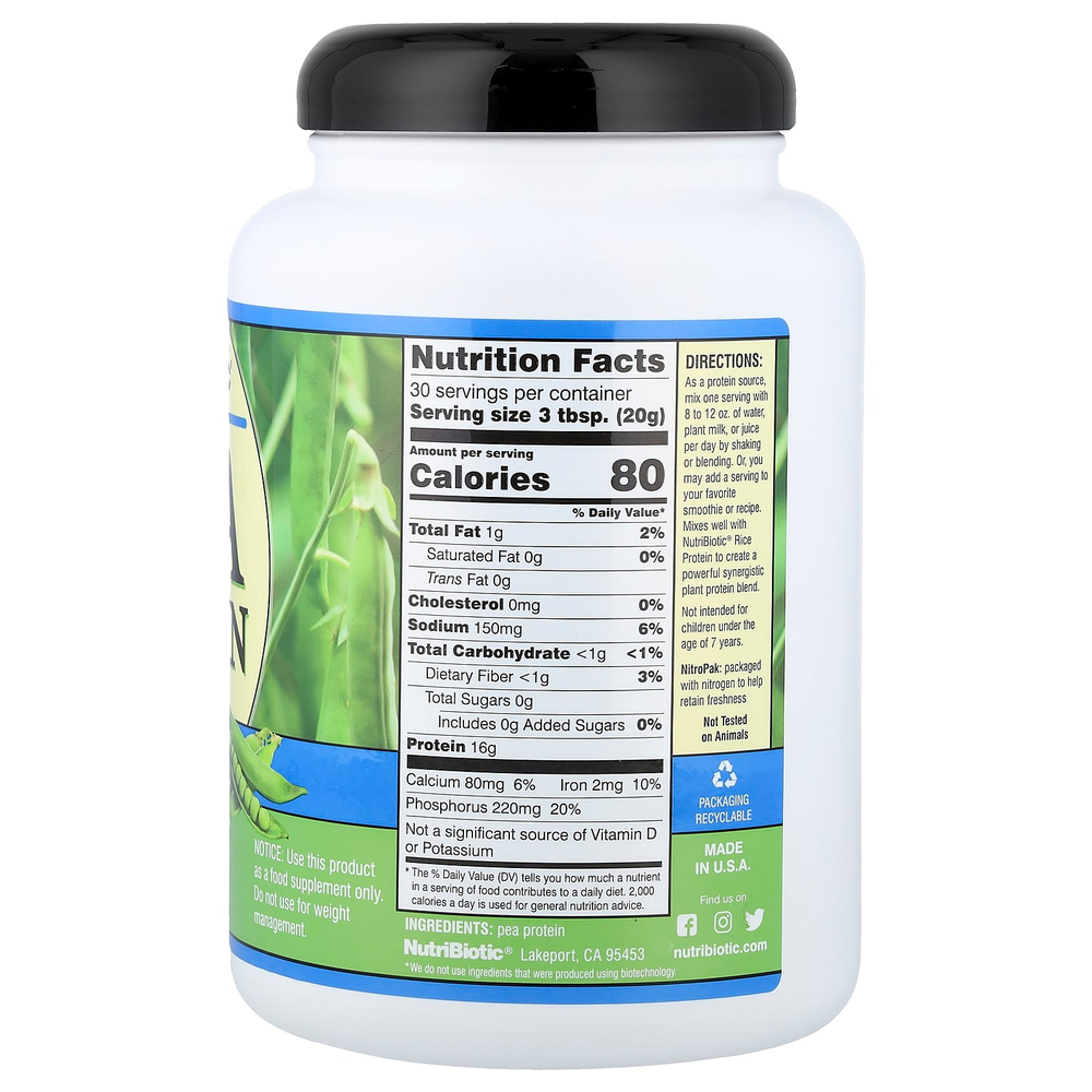 NutriBiotic, гороховый протеин в порошке, без добавок, 600 г (1 фунт 5,16 унции)