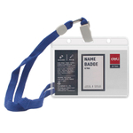 Бейдж горизонтальный DELI, 115x93мм (105x70 мм), пластиковый, на шнурке, синий