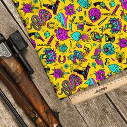 Ткань таффета розово-голубые предметы на жёлтом фоне