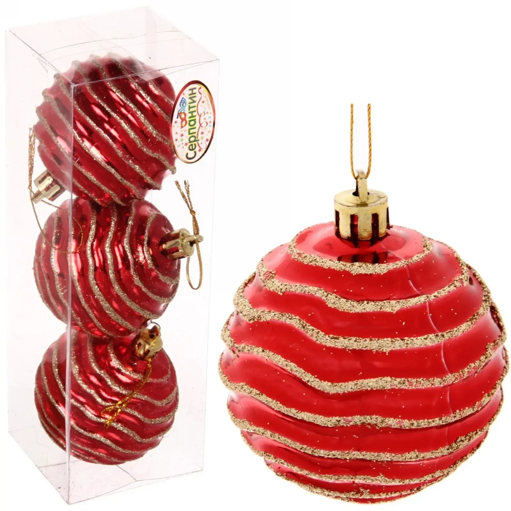 Новогодние шары «Снежная волна» 6 см (набор 3шт), красный/золото