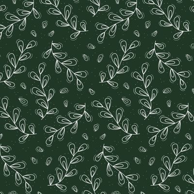 Веточка с округлыми листьями белая на темно зеленом.