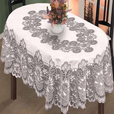Скатерть жаккардовая овальная, цвет светло-серый/темно-серый, Польша.
