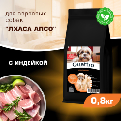 Корм сухой для взрослых собак породы Лхаса апсо, с индейкой, 800 гр, QUATTRO