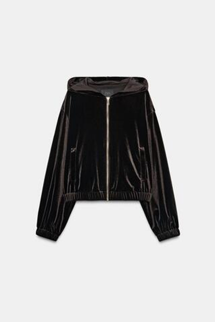 ZARA БАРХАТНАЯ КУРТКА С КАПЮШОНОМ, ТЕМНО-КОРИЧНЕВЫЙ