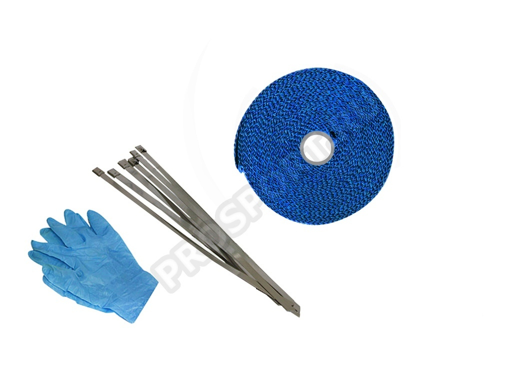 Термолента для глушителя синяя 1mm*50mm*5m с 6 хомутами и перчатками, стеловолокно