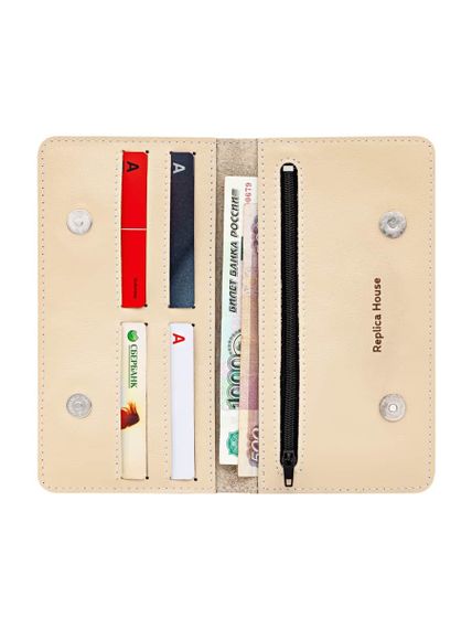 Фото функционального кошелька Карта мира из молочной кожи, развернутый вид с наполнением.