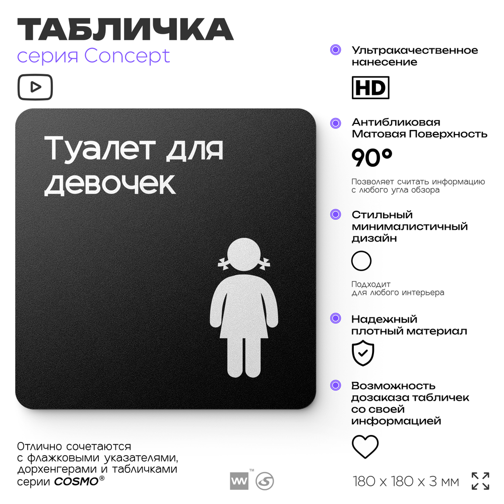 Табличка Туалет для девочек, на дверь и стену, навигационная и информационная, серия CONCEPT, 18х18 см, Айдентика Технолоджи