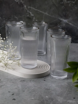 Ребристые бокалы для виски, 330 мл. 6 шт. с золотой каймой