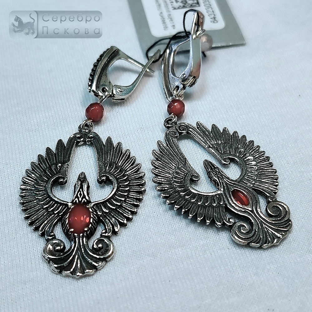 Серьги "Феникс" с гранатом/аметистом