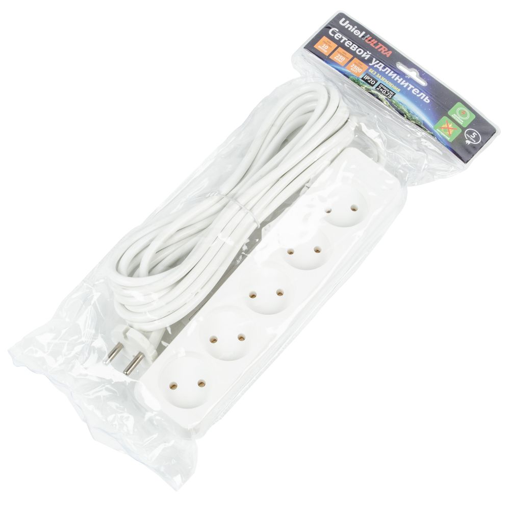 S-CU4-5 WHITE Удлинитель серии Ultra, шнур 5м., 4 гнезда, 10A, б/з. Белый. TM Uniel