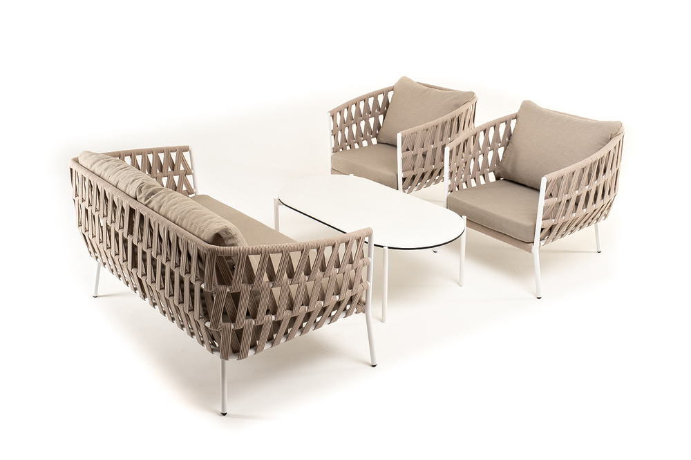 "Форли" лаунж-зона 4-местная плетеная из роупа (веревки), каркас алюминиевый светло-серый, роуп серо-коричневый