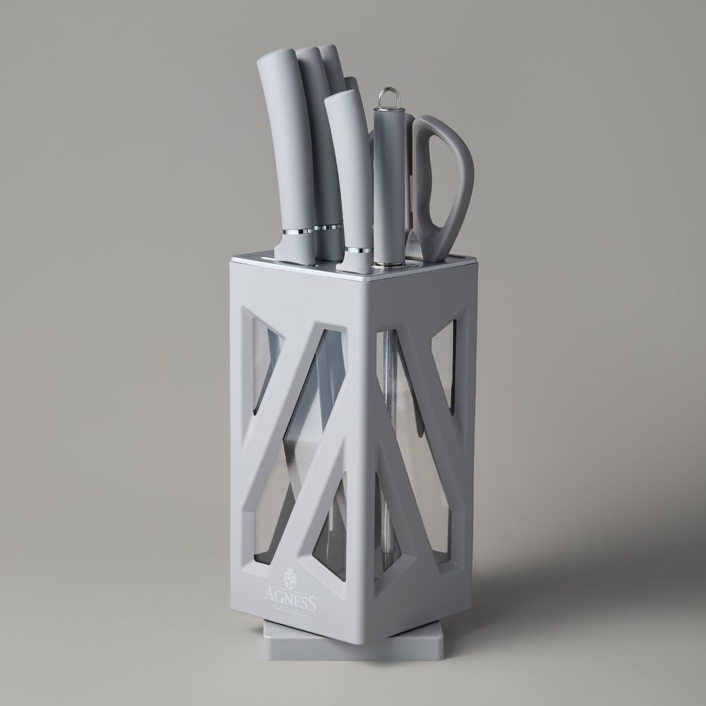 НАБОР НОЖЕЙ AGNESS НЖС НА ПЛАСТИКОВОЙ ВРАЩАЮЩЕЙСЯ ПОДСТАВКЕ 8 ПР.