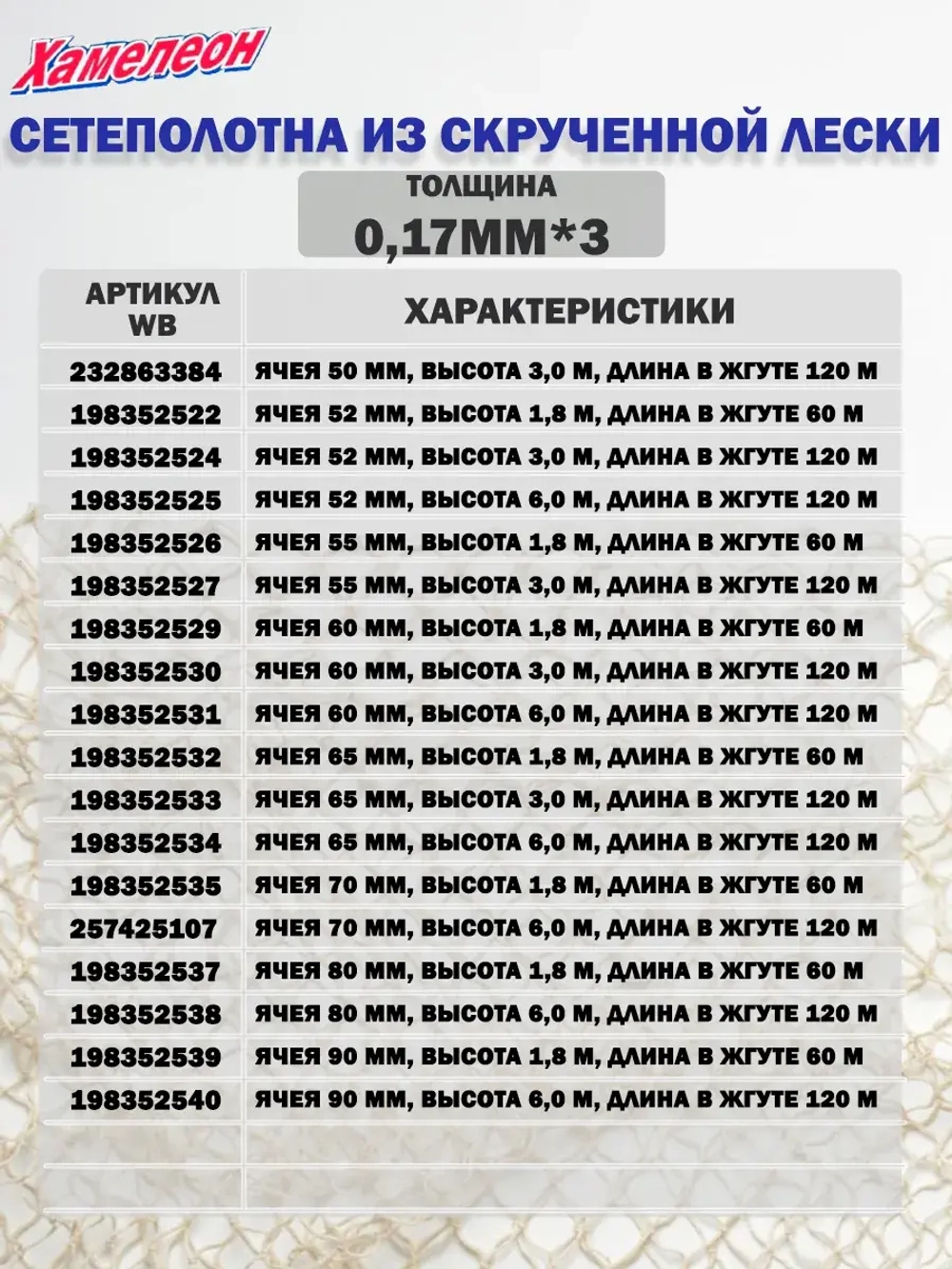 Сетеполотно Хамелеон скр. леска 0,20мм*10; 120-6,0-100,