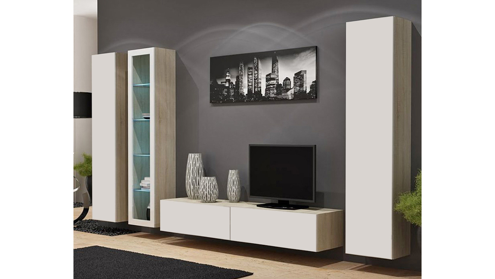 Гостиная Виго 2 Белый Фасадный 0101 / Дуб Сонома 3025 300*42*180 см, Белый Фасадный, Дуб Сонома   Фиеста