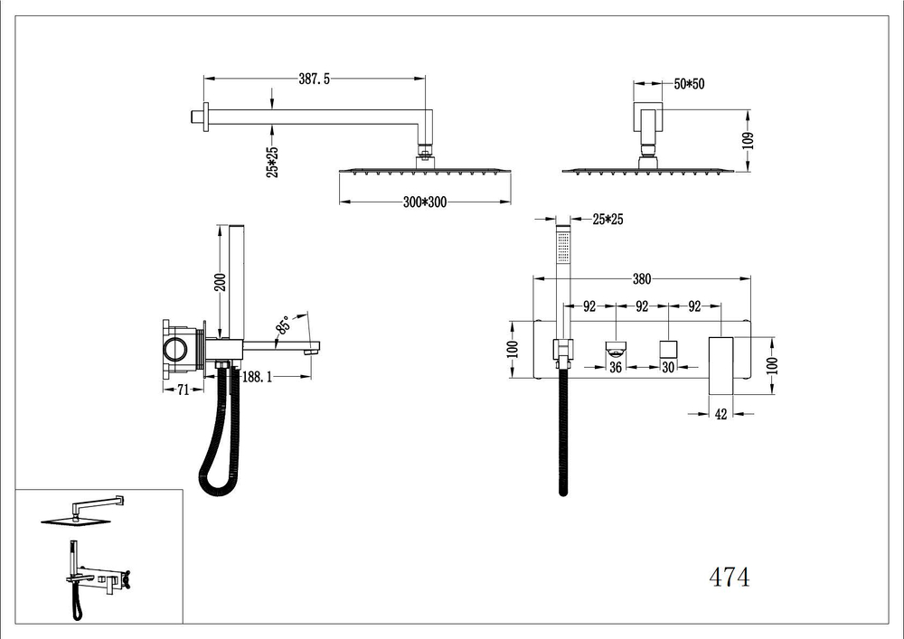 Boheme Смеситель встроенный + верхний+ ручной душ Qubic Matt Gun Metal