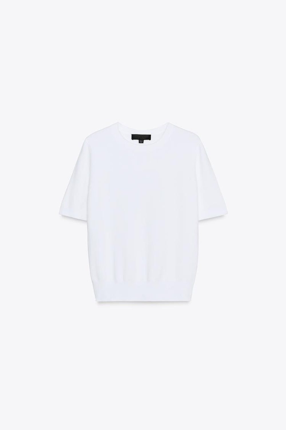 ZARA БАЗОВЫЙ ОДНОТОННЫЙ ТРИКОТАЖНЫЙ ТОП С КОРОТКИМИ РУКАВАМИ, БЕЛЫЙ