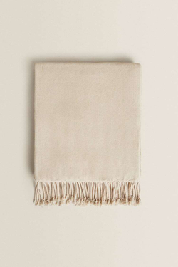 ZARA HOME ПЛЕД ИЗ СИНЕЛИ, СВЕТЛО-БЕЖЕВЫЙ