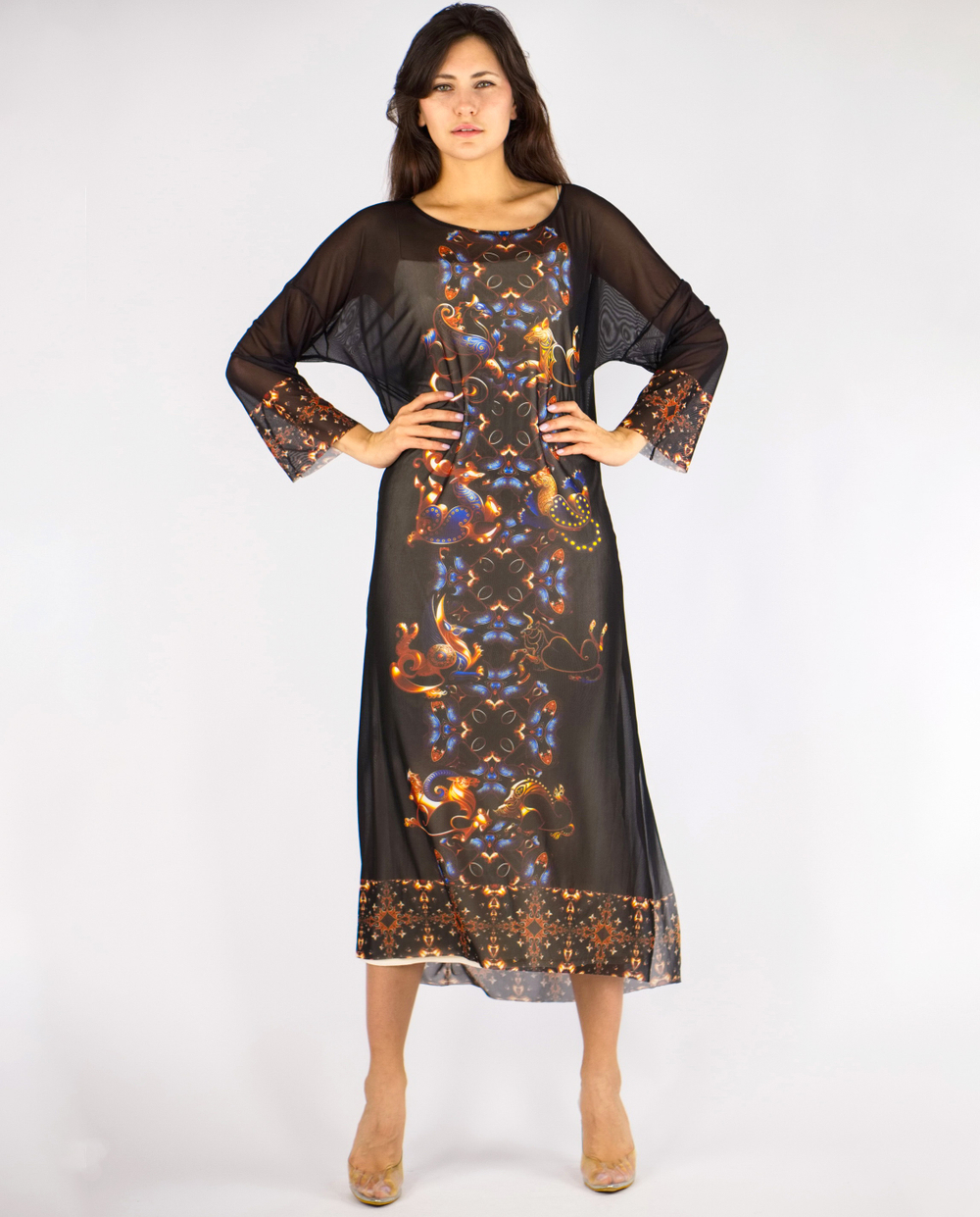 Платье-туника из сетки "Загадки скифов", принт по мотивам скифских татуировок, по материалам раскопок Пазырыкских курганов