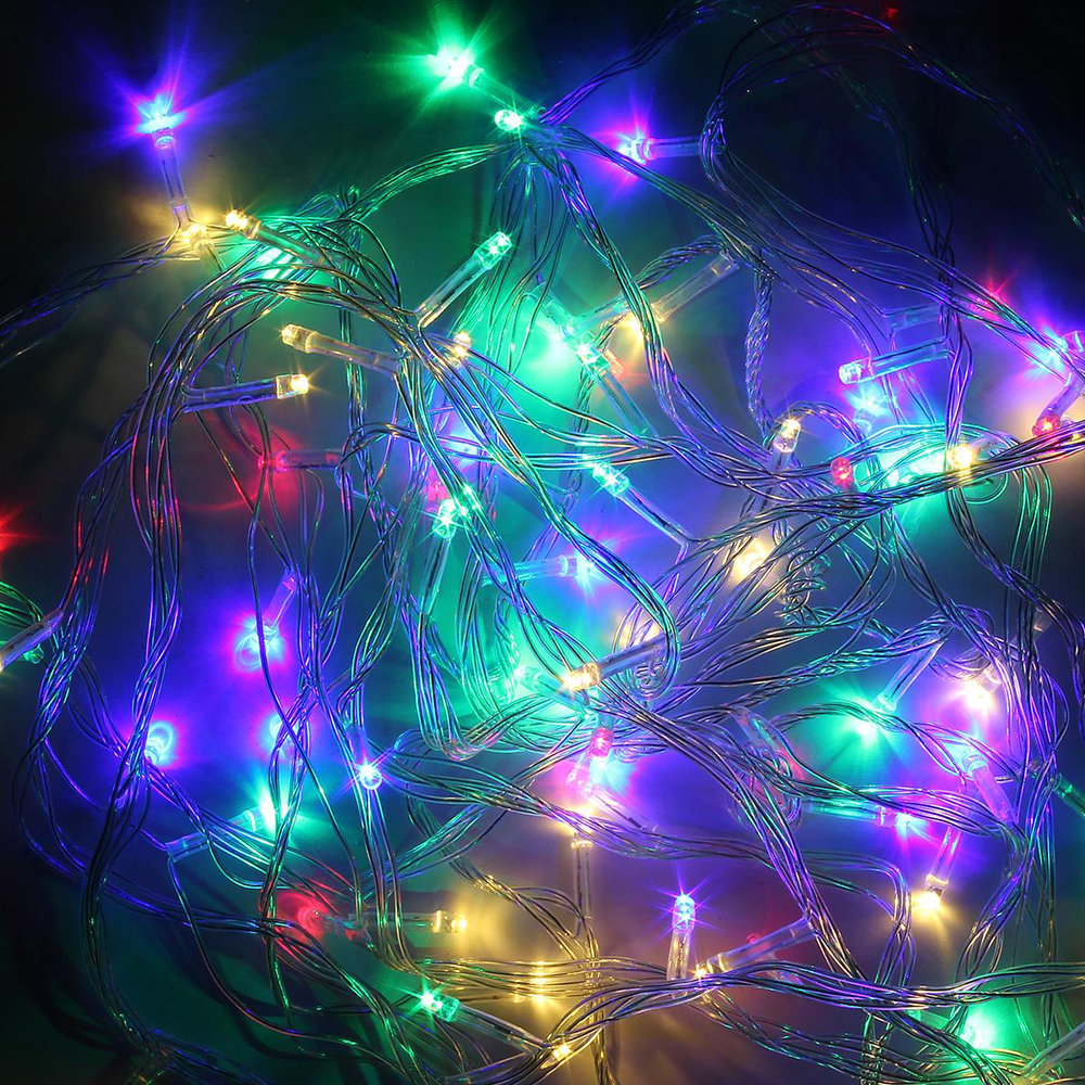 Электрогирлянда LED цвет. 180 ламп, 14м, 8 р.миг, прозрач. провод, кор