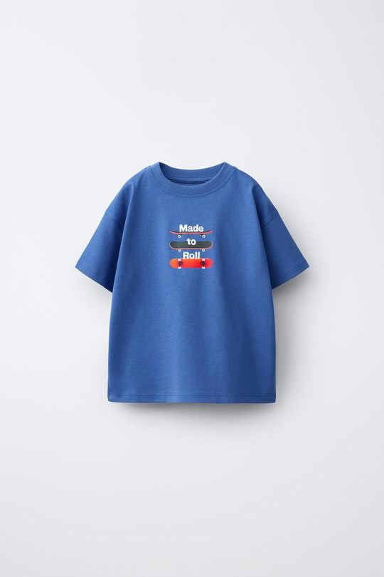 ZARA ФУТБОЛКА С ПРИНТОМ, ЯРКО-СИНИЙ