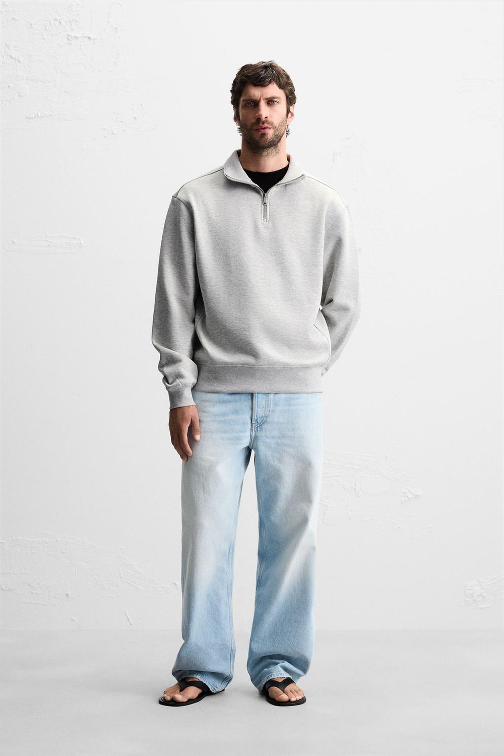 ZARA БАЗОВАЯ ТОЛСТОВКА С ВОРОТНИКОМ НА МОЛНИИ, СЕРЫЙ МЕЛАНЖ