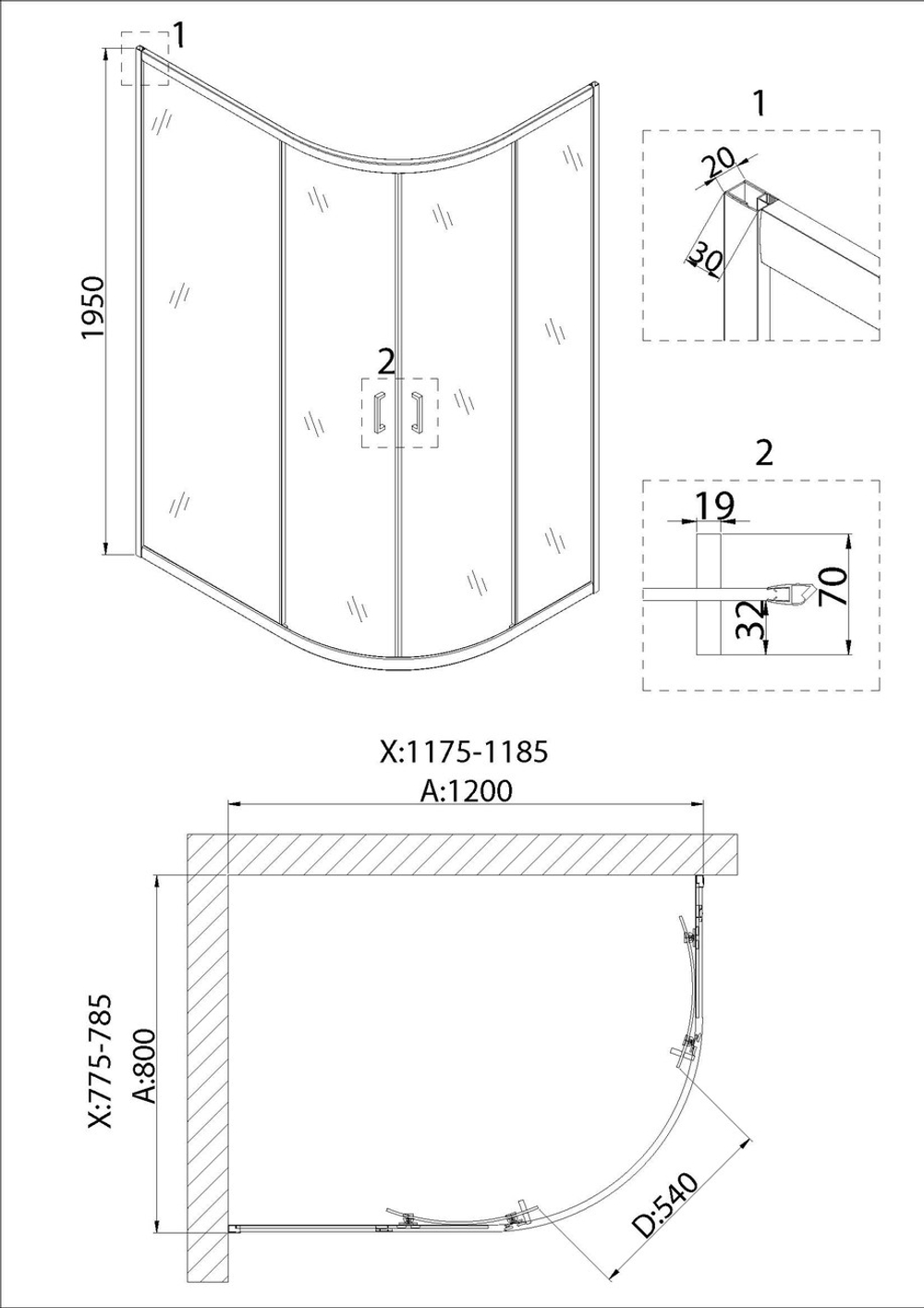 Душевое ограждение Niagara Nova NG-6821-08ВLACK (120х80х195) асимметрия,черный,двери раздвижные,стекло прозрачное,1 место