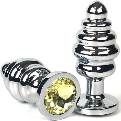 Серебристая ребристая анальная пробка с желтым кристаллом - 6 см. (Цвет: желтый)