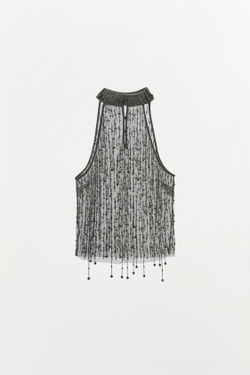 ZARA ТОП С ГОРЛОВИНОЙ ХАЛТЕР И БАХРОМОЙ С БУСИНАМИ, СЕРЕБРИСТЫЙ